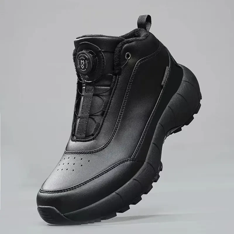 【MENCCO曼克】秋冬免系带中高帮男士百搭真皮加绒运动鞋 MK8013