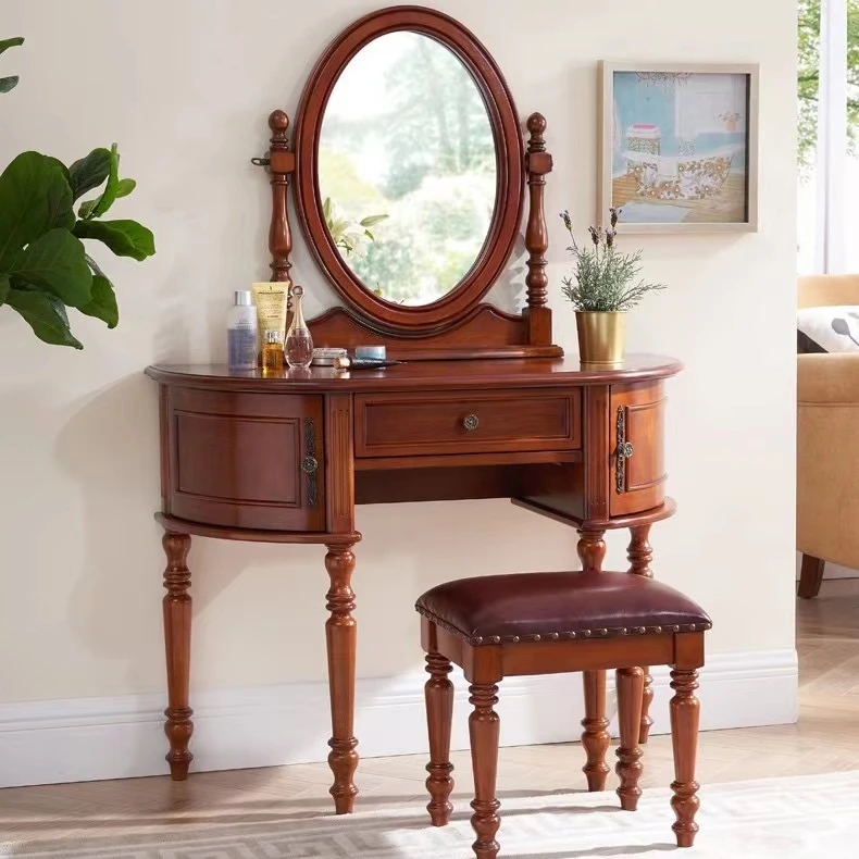 美式全实木梳妆台白色化妆台化妆桌妆镜妆凳卧室家具1米长-80长