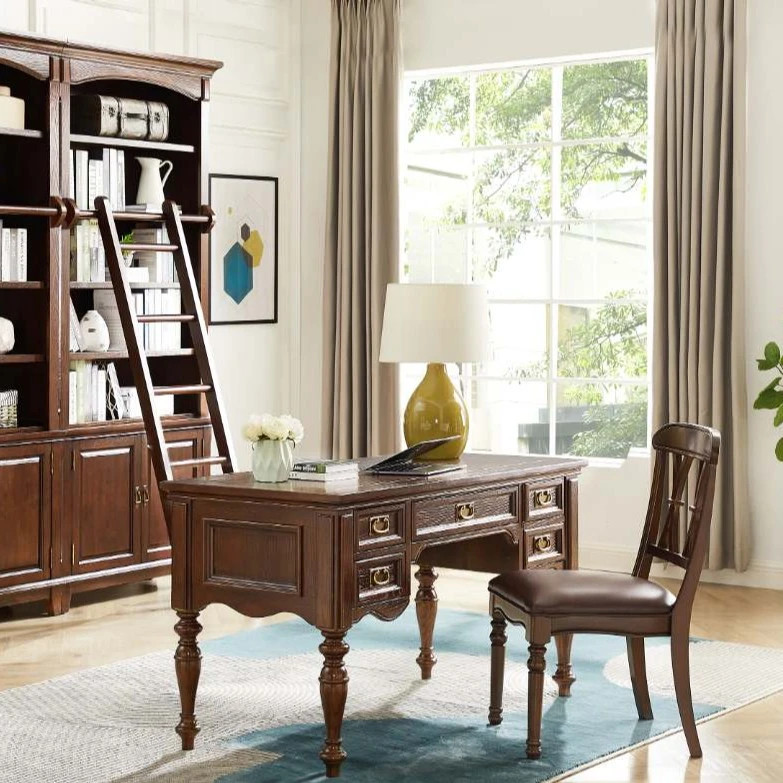 思图家具美式全实木书桌写字桌电脑桌书房成套书桌椅