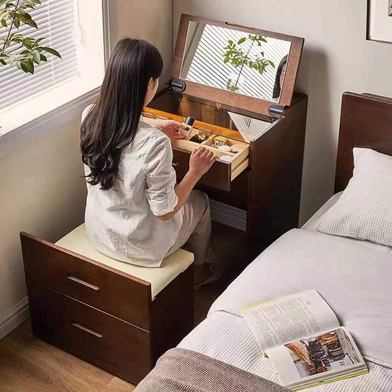 美式实木梳妆台一体柜卧室小户型翻盖化妆柜简约轻奢化妆桌化妆台