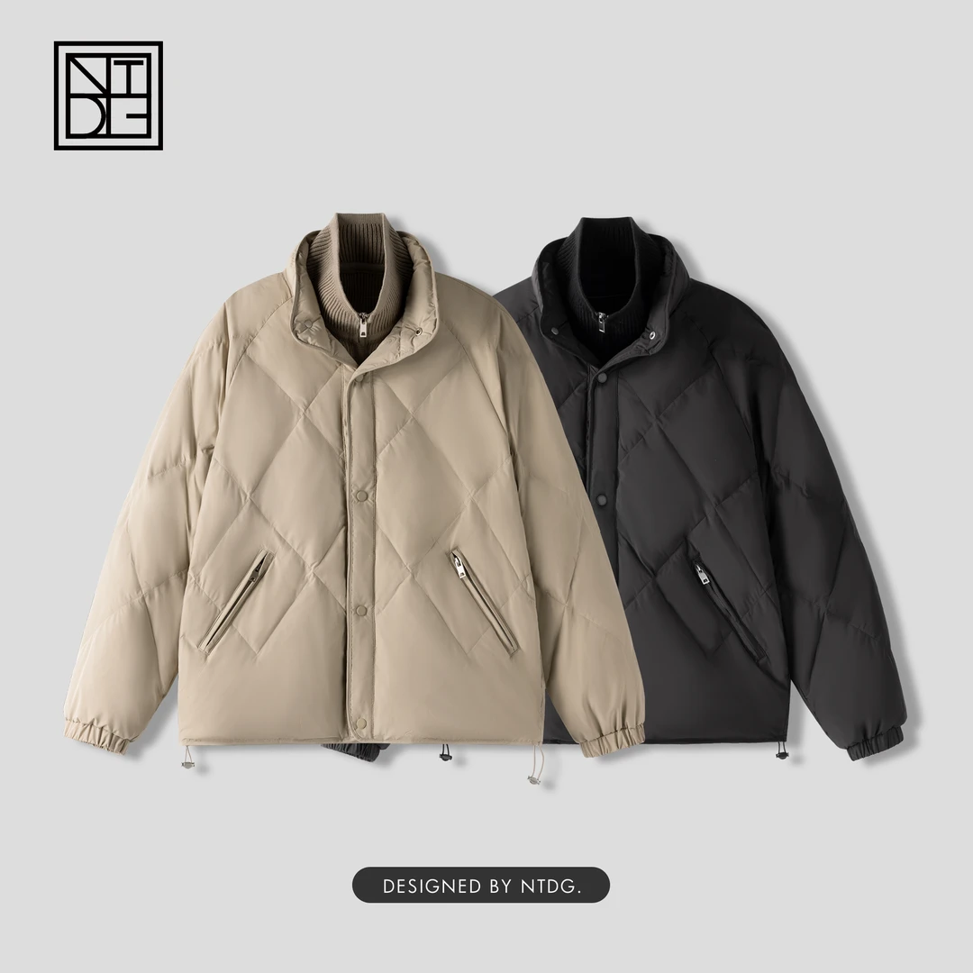 针织拼接假两件立领菱形格羽绒服美式休闲加厚保暖外套 8812