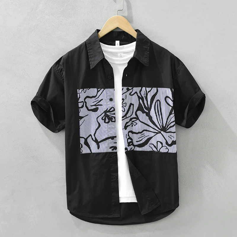 男士简约短袖翻领衬衫时尚休闲百搭文艺宽松上衣薄款男装2778