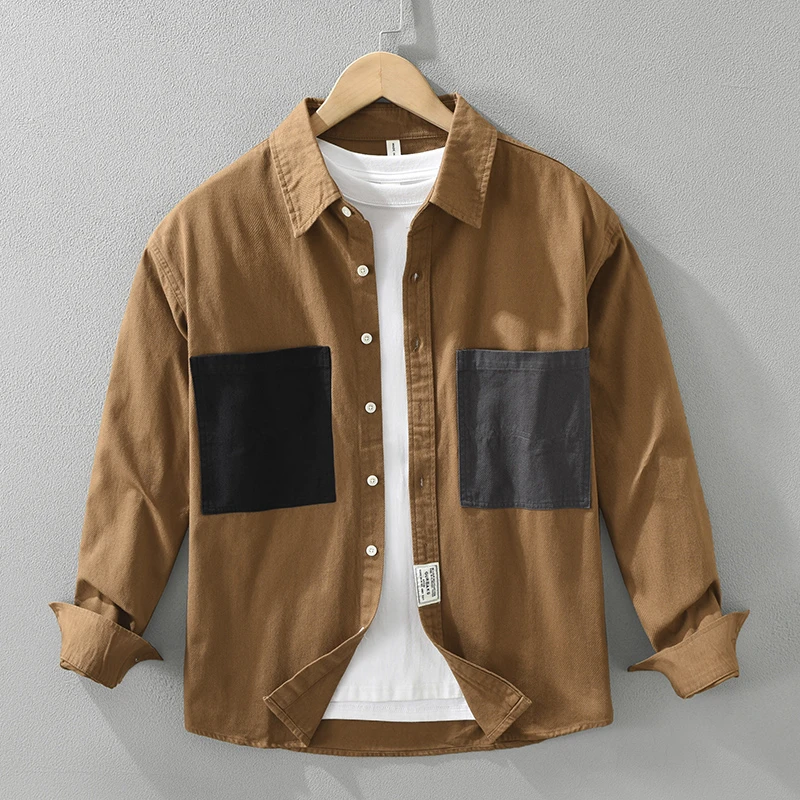 7297韩版工装拼接长袖衬衫男士时尚休闲百搭文艺宽松上衣春秋