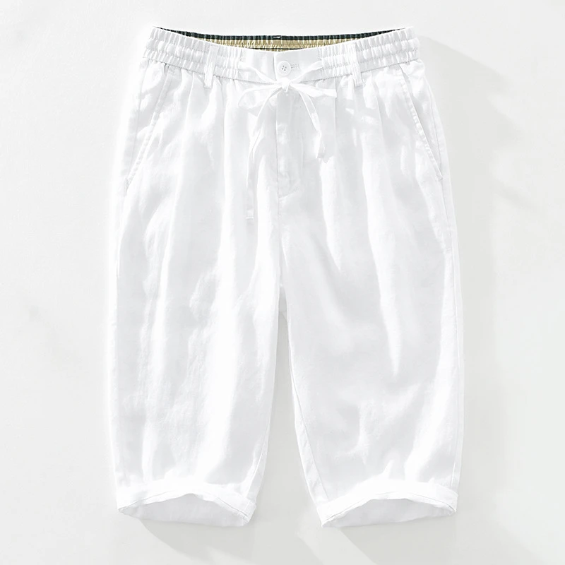 1626男士亚麻休闲裤抽绳松紧腰长裤宽松透气麻料七分裤子