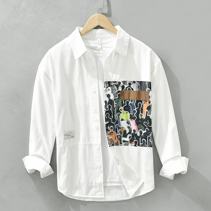 日系清新长袖衬衫潮流印花百搭文艺个性男装宽松休闲上衣6727