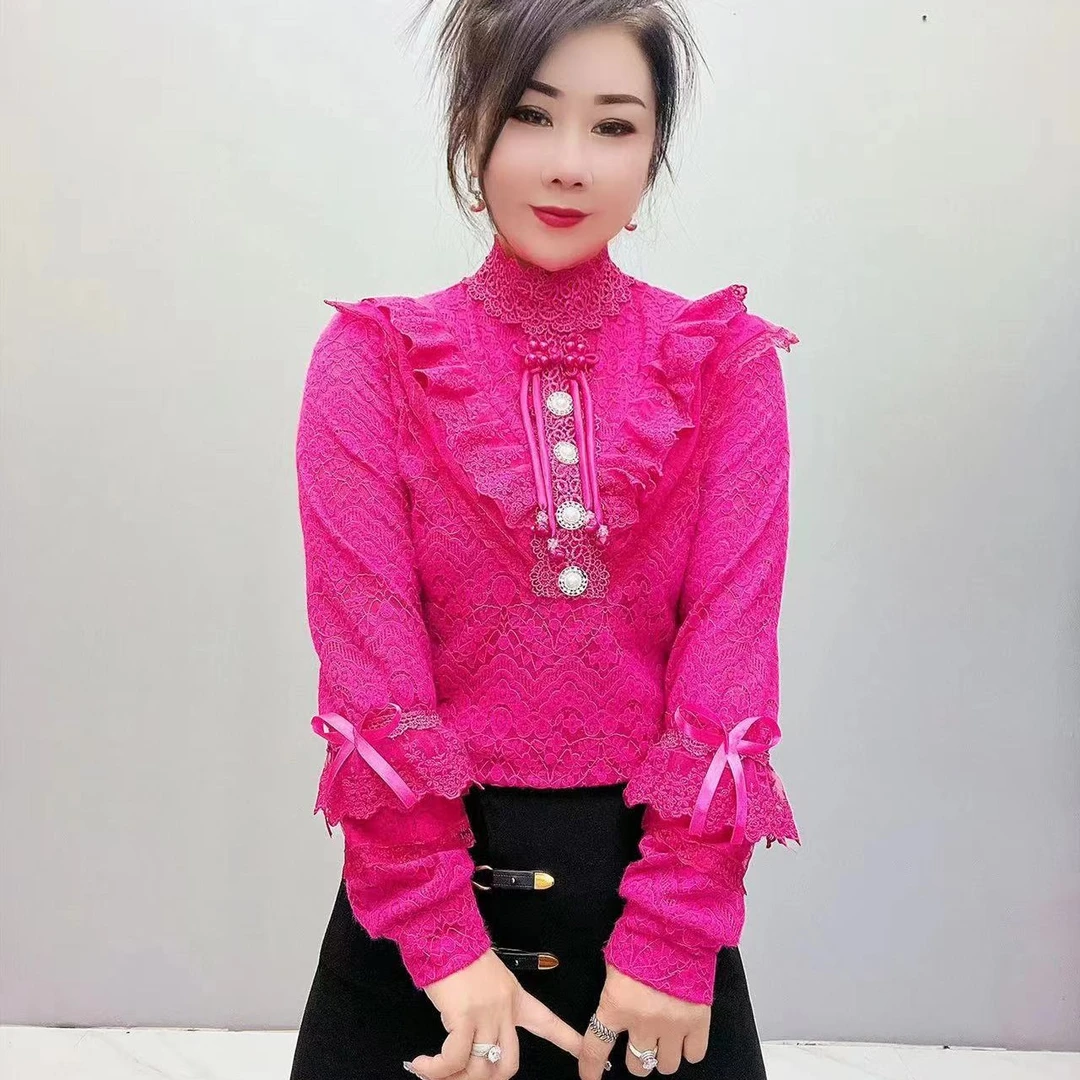 5730时尚百搭长袖女衫修身显瘦遮肚子洋气女士长袖蕾丝衫