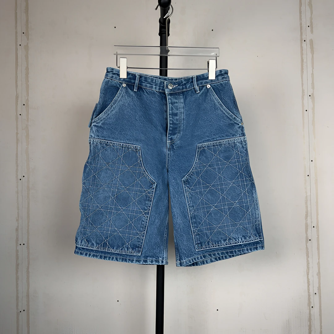 2024夏季新款蓝色阔腿高级感宽松直筒显瘦百搭休闲潮流牛仔短裤男