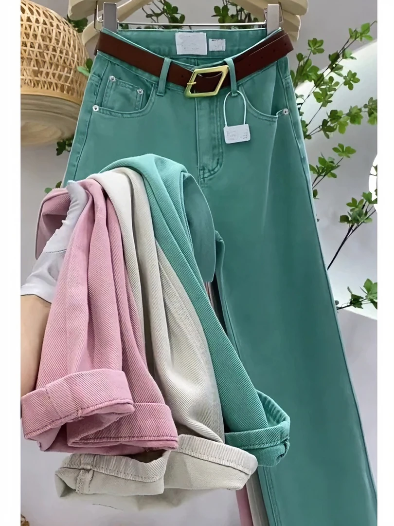 春季款大码女装简约气质宽松直筒牛仔裤胖mm高腰显瘦拖地阔腿长裤