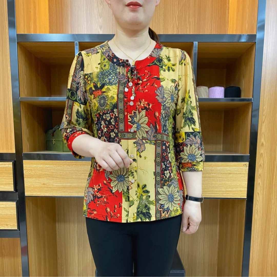 夏季时尚妈妈装中袖印花显瘦洋气百搭大码宽松女士中老年
