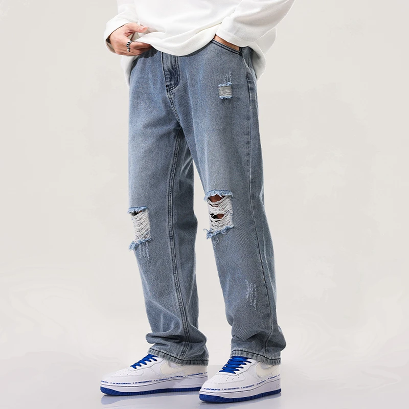 2023年春秋新款破洞牛仔裤男直筒宽松显瘦潮牌高街港风窄版长裤子