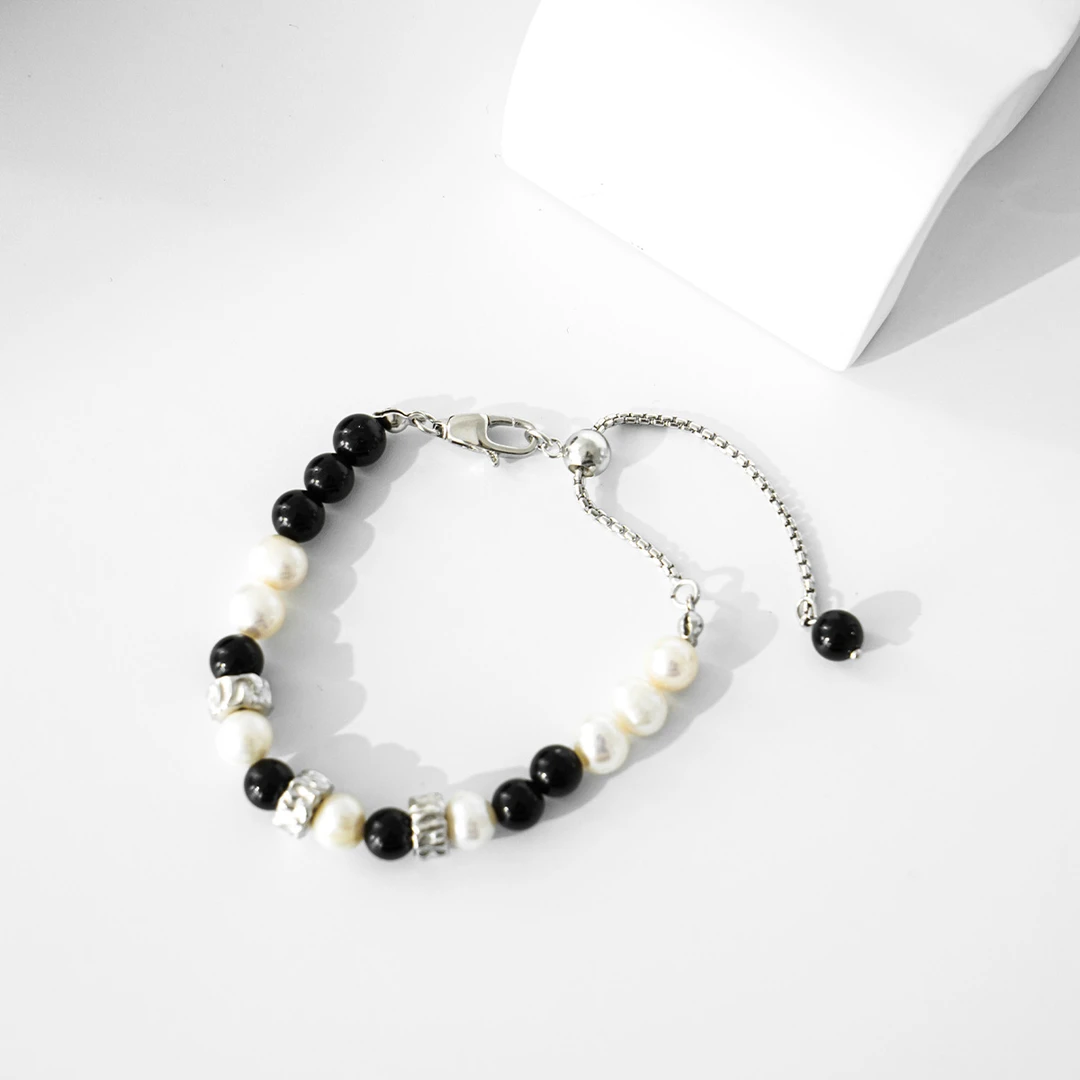 925银手链 【黑白抽拉】B025 白色气质简约拼接手工黑色