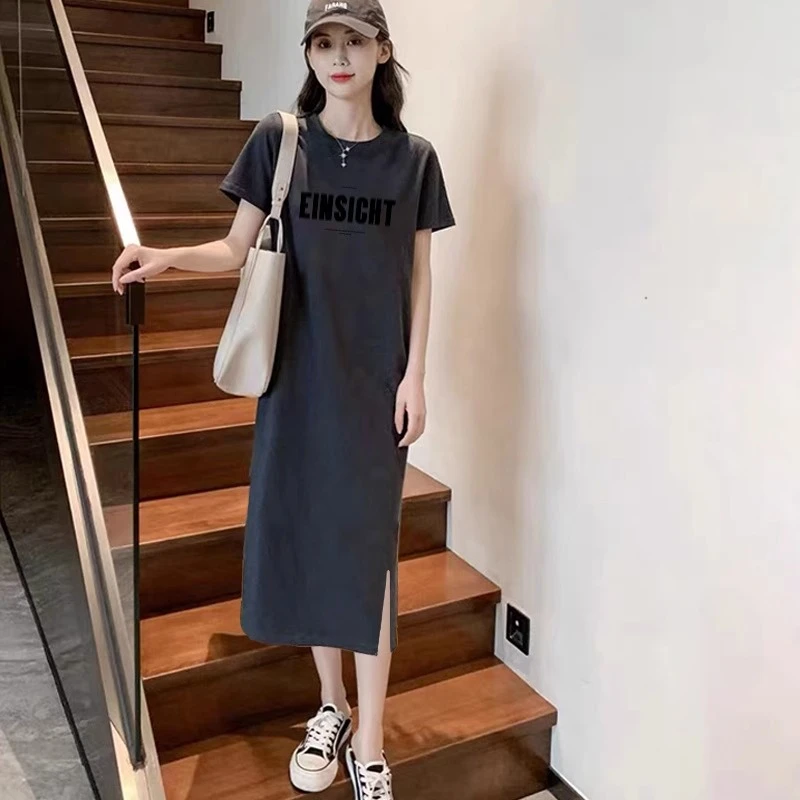 宽松显瘦气质灰色T恤裙夏季简约新款设计感小众开叉连衣裙ins潮