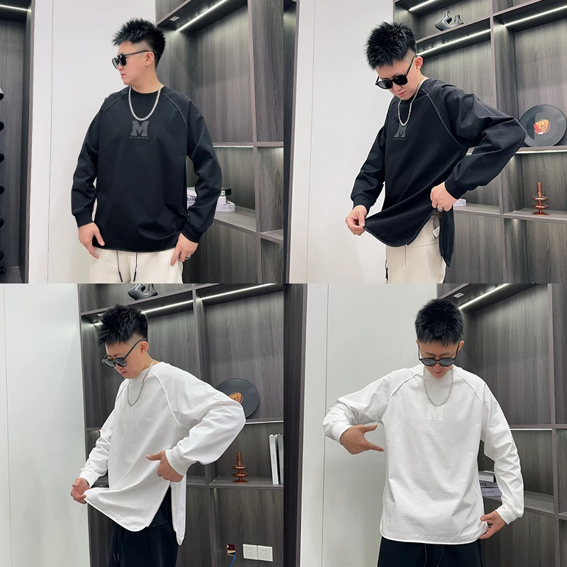 LKT.NINE春秋潮牌美式高街侧拉链长袖t恤男宽松圆领长袖卫衣内搭