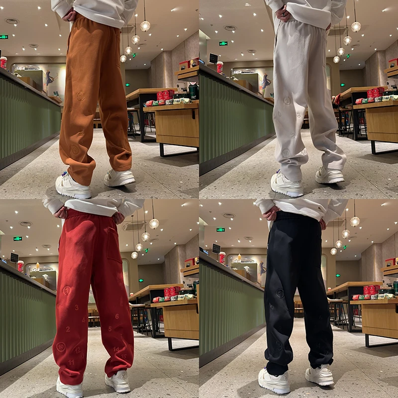 LKT.NINE6885秋冬季直筒宽松加绒加厚刺绣卫裤男潮牌休闲阔腿长裤