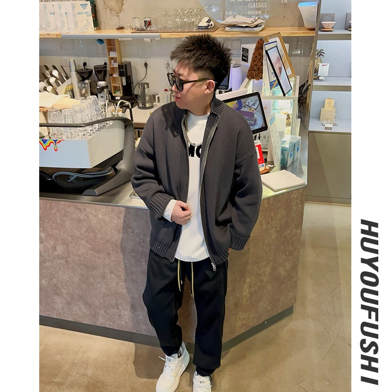 LKT.NINE35392秋季拉链简约纯色毛衣外套复古宽松立领针织衫