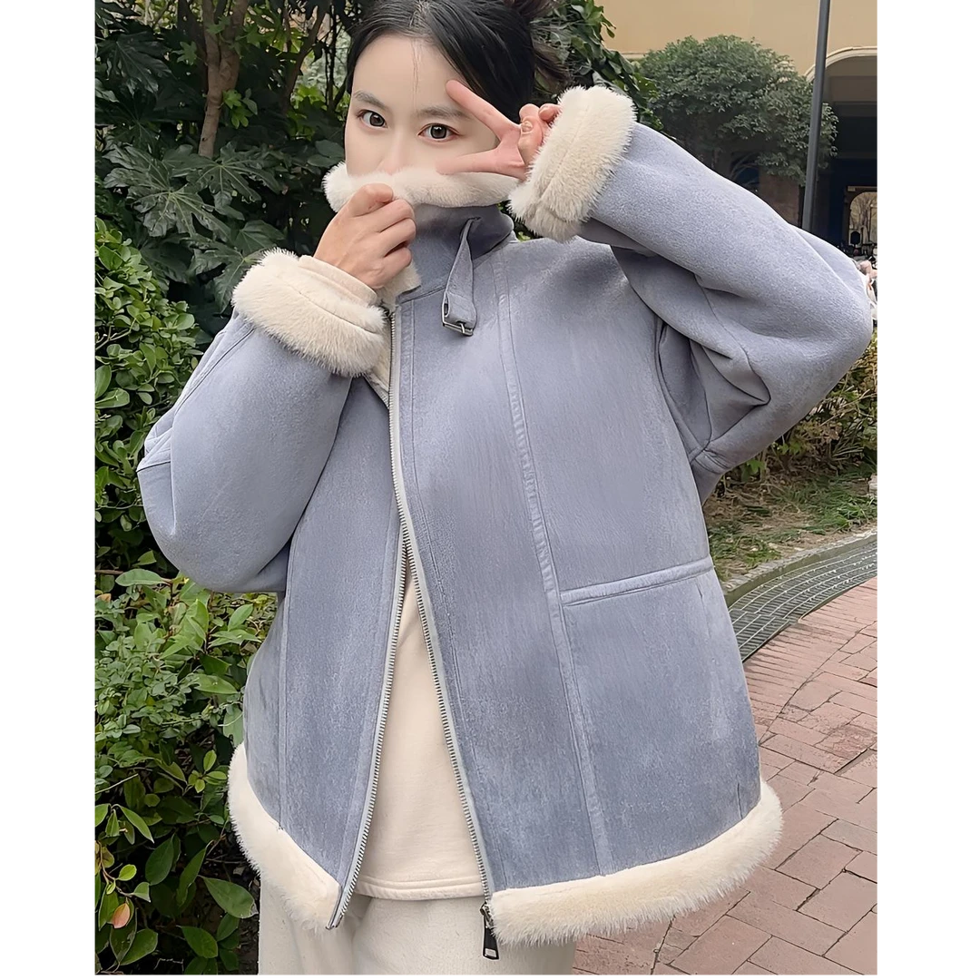 2024新款百搭皮毛一体翻领外套女加厚加绒24-6683秋冬外套女