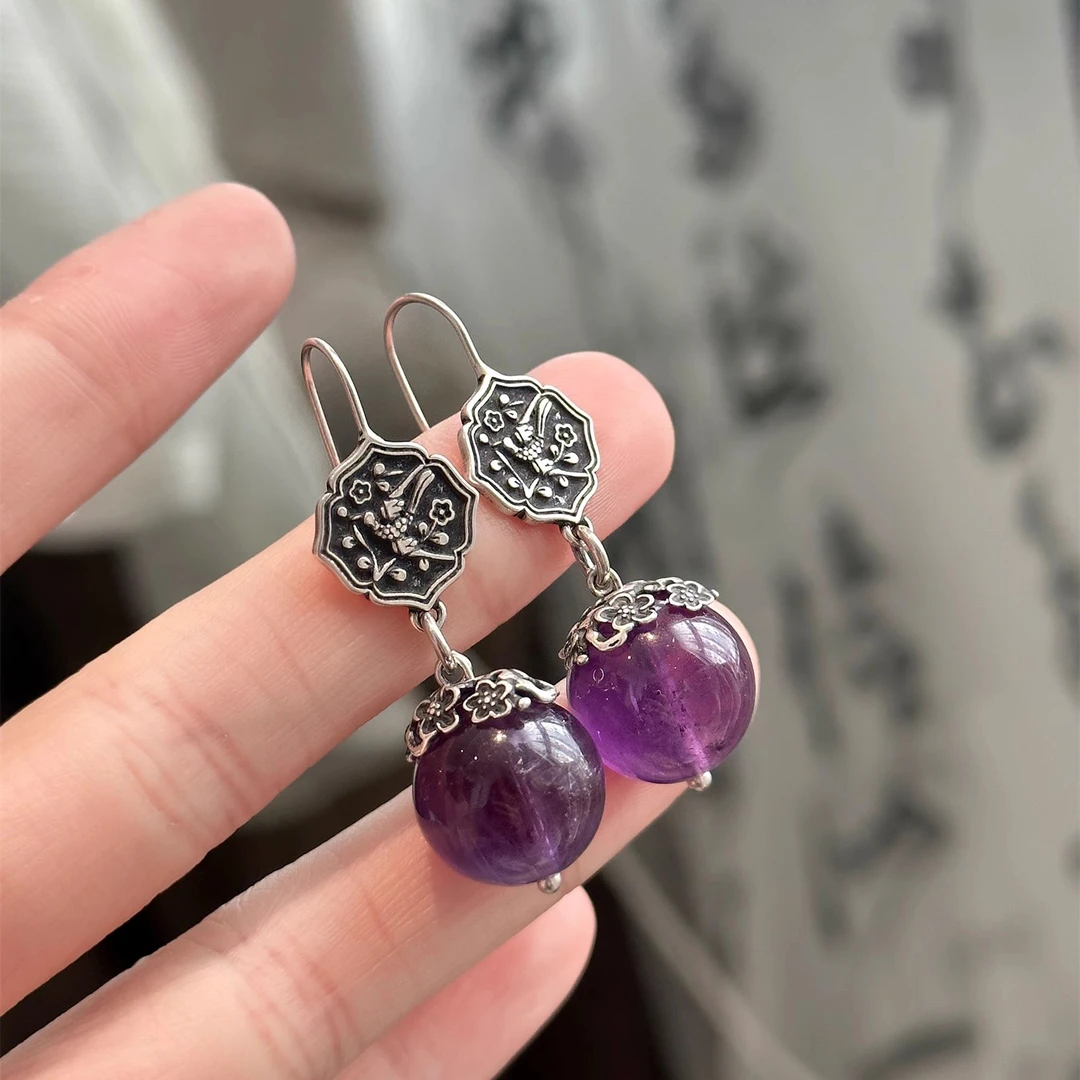 925银耳饰 E25175 鹊登枝头紫色珠珠耳钩气质耳环多样性发复古