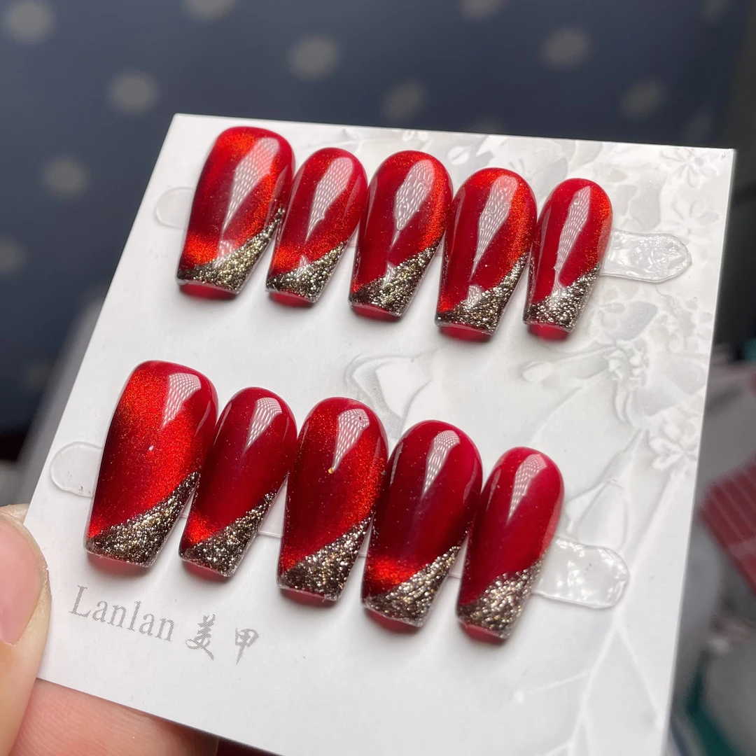 【红色玻璃珠子】纯手工穿戴美甲