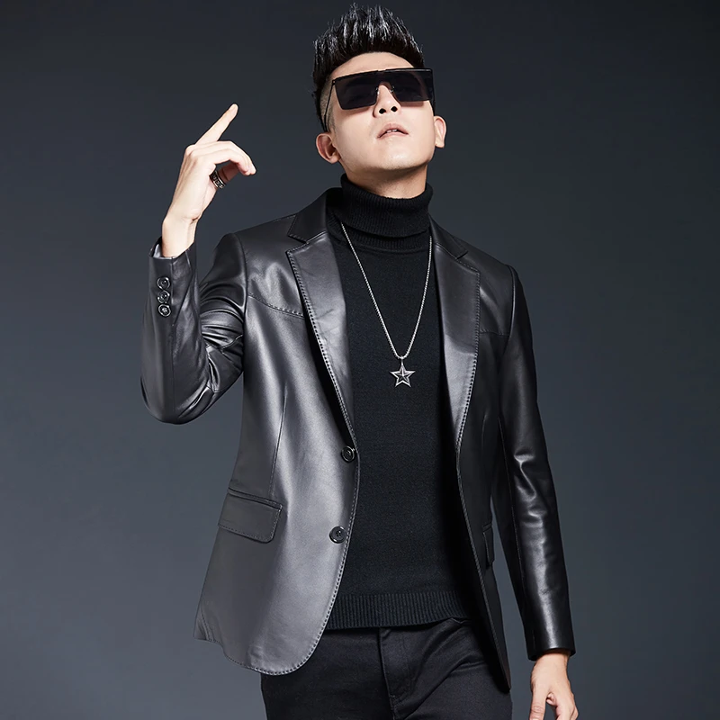 2024新款海宁真皮皮衣男士修身绵羊皮西装休闲西服韩版夹克外套潮