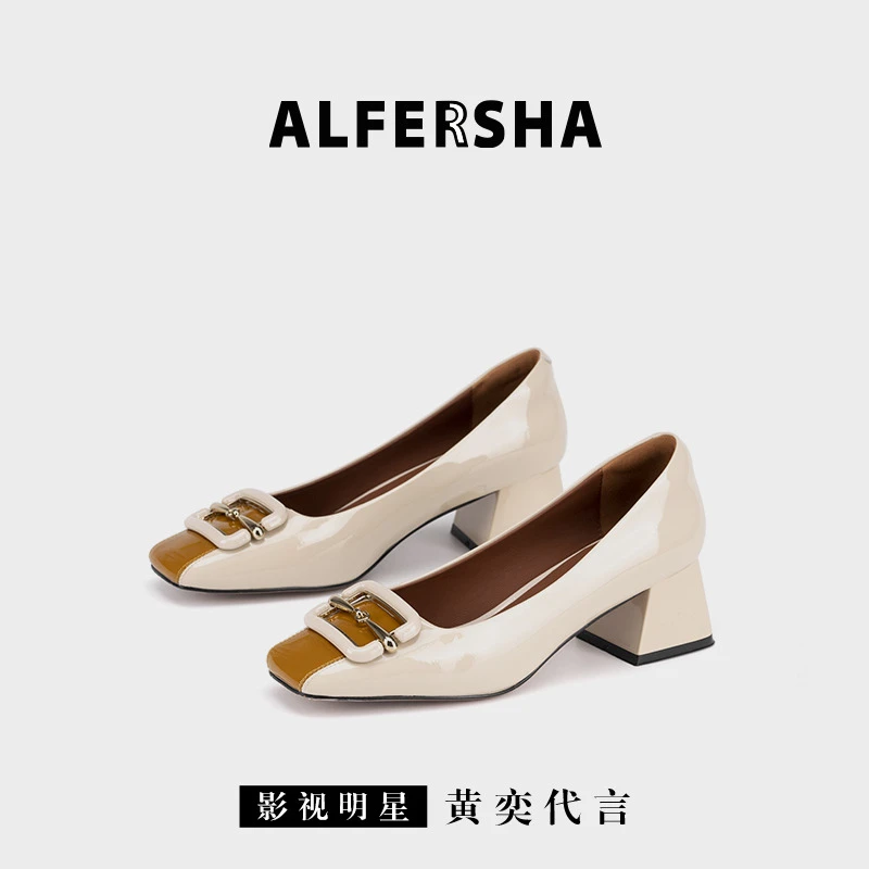 阿芙莎广系联名款261982秋款时尚金属扣粗跟方头高跟鞋D