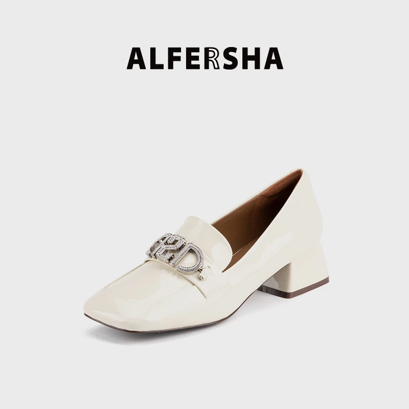 阿芙莎广系联名款9688619法式新款女士气质百搭带钻粗漆皮单鞋