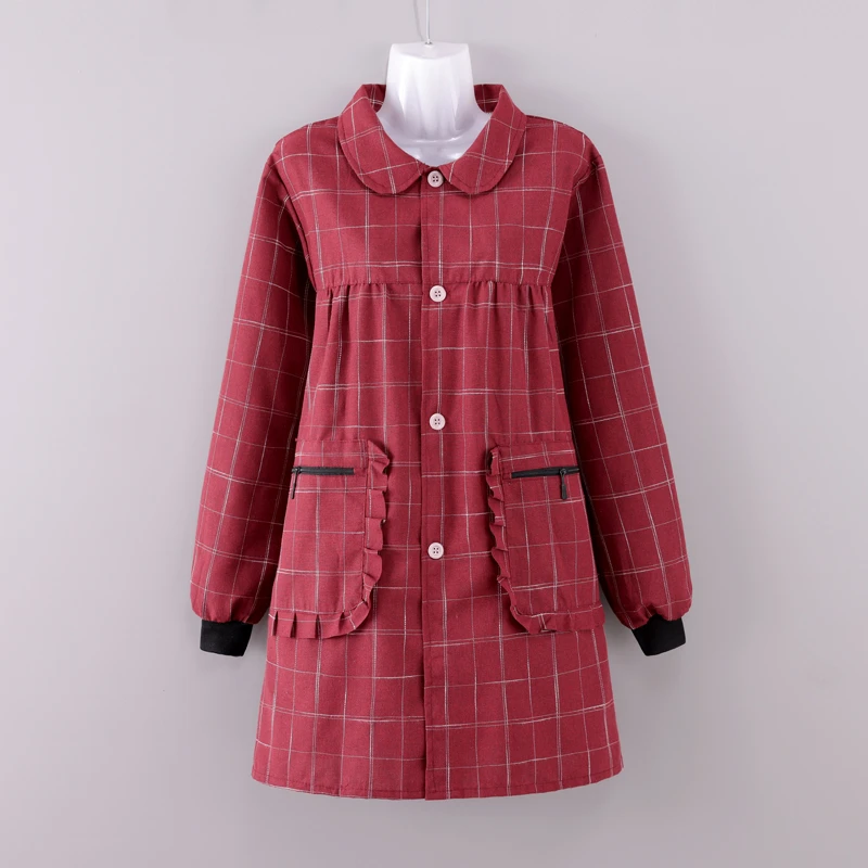 正穿娃娃领棉布罩衣女洋派格子透气耐磨长袖围裙可外穿防尘工作服