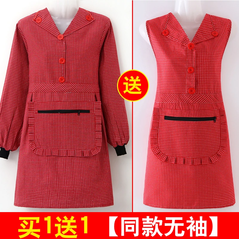 拉链兜长袖围裙女家用厨房做饭防污罩衣时尚长袖反穿衣全棉工作服
