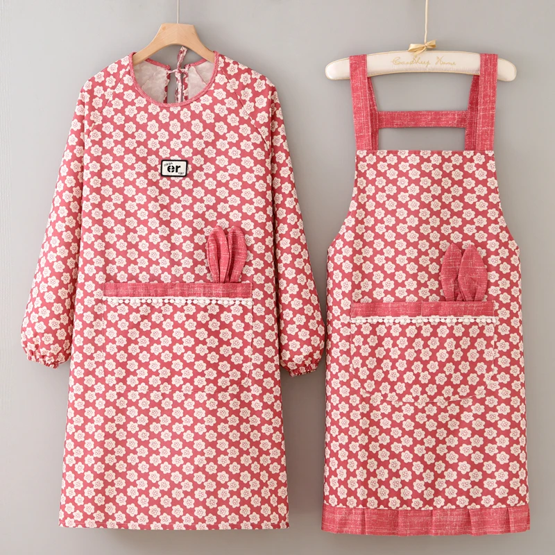 洋气帆布长袖围裙厨房家用防污耐磨透气罩衣时尚可爱大人工作服女