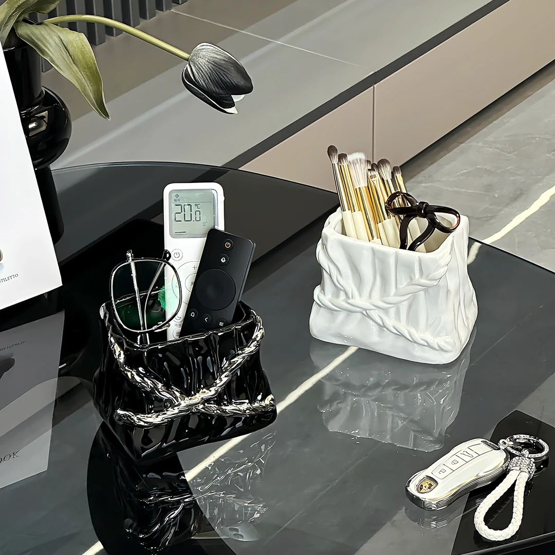 创意轻奢陶瓷藤织收纳高档简约卧室茶几收纳摆件客厅装饰品摆件