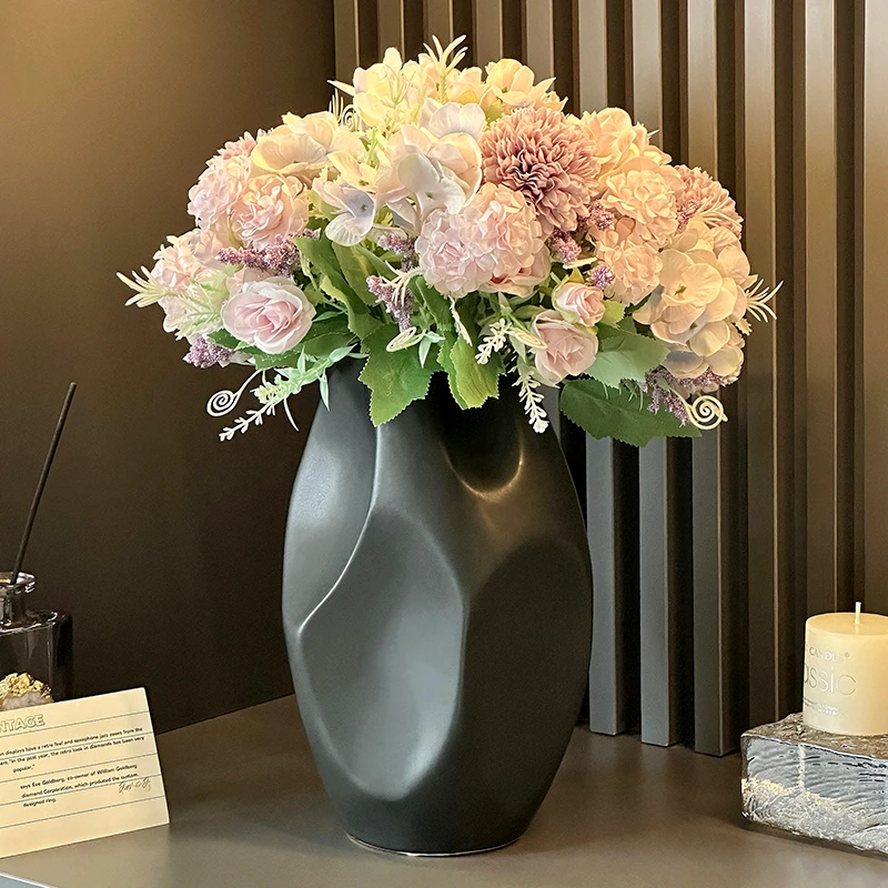 轻奢陶瓷凹凸花瓶仿真花摆件高档ins风书房卧室摆件家居客厅装饰