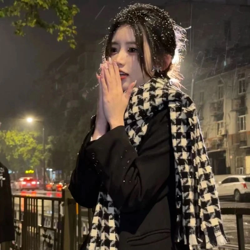 千鸟格围巾女士韩系氛围感冬季保暖加厚披肩两用百搭格子送女朋友