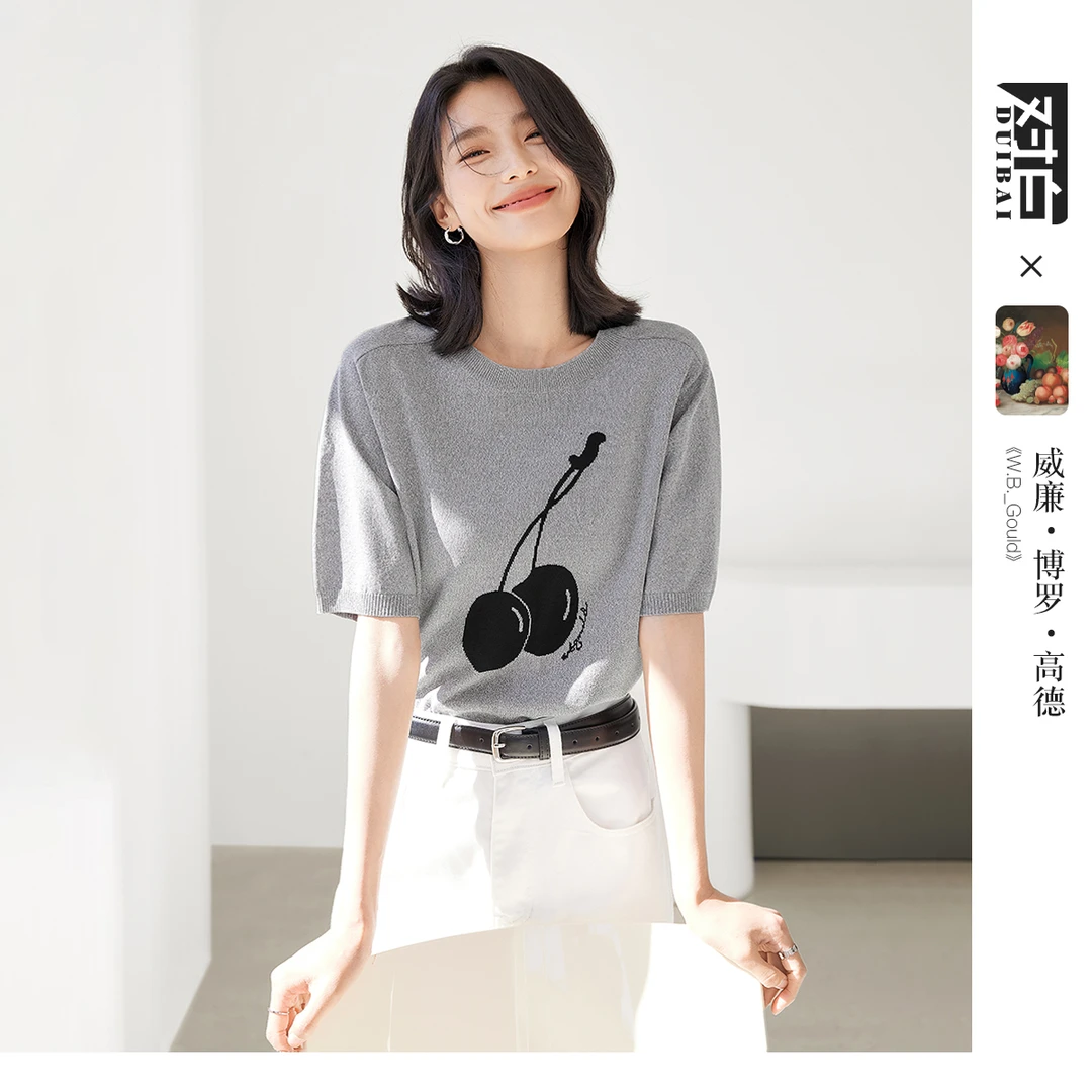 【大瑶专属】D01对白X凯伊莱文联名樱桃提花短袖针织衫上衣EDO010