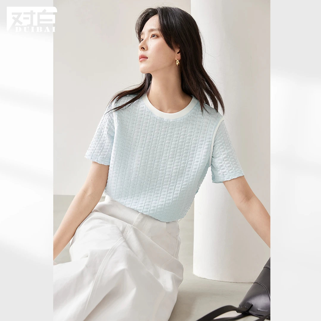 【二喜专属】D01对白肌理感撞色正肩短袖t恤女显瘦上衣EDT082