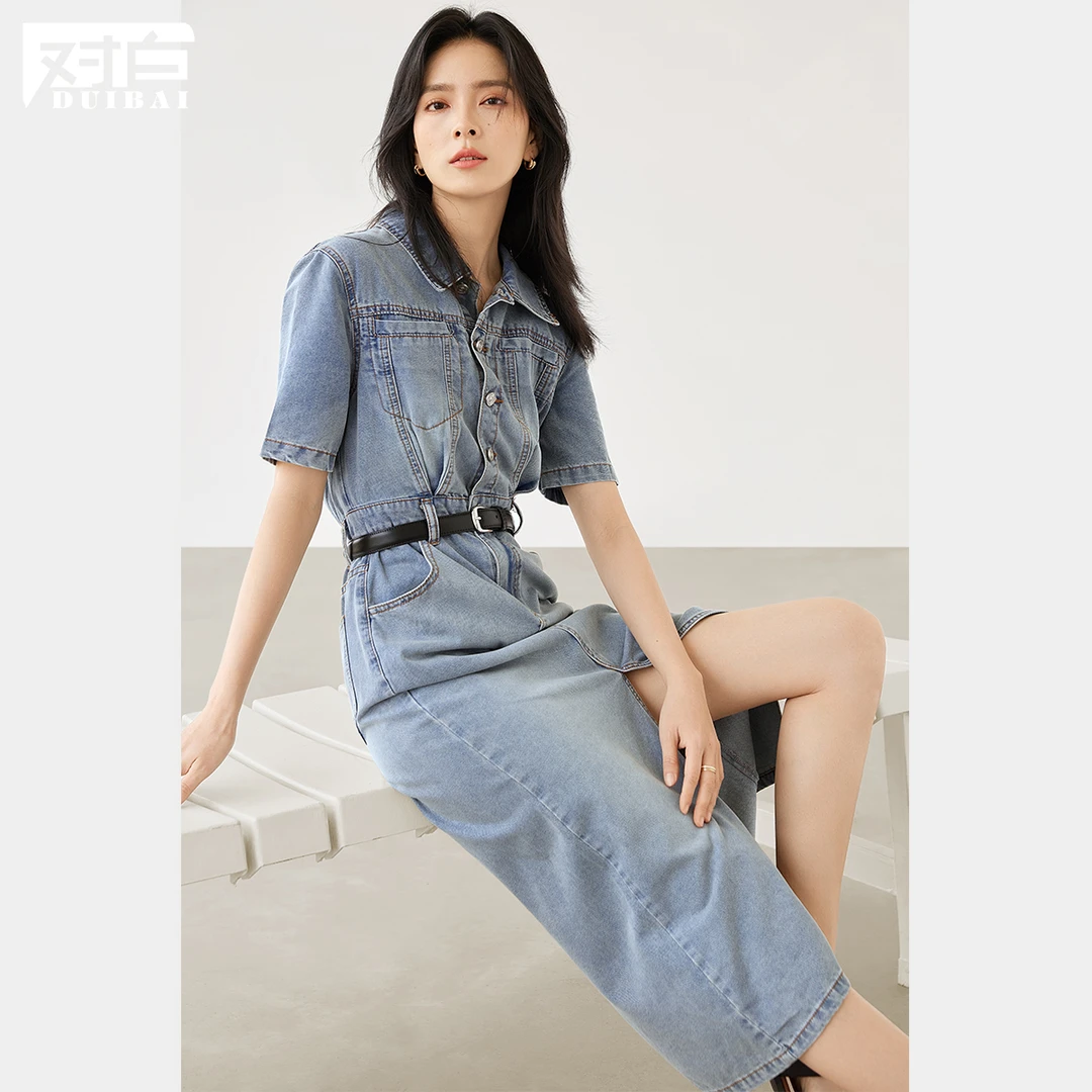 D01对白复古减龄短袖牛仔连衣裙女衬衫裙子EDQ040