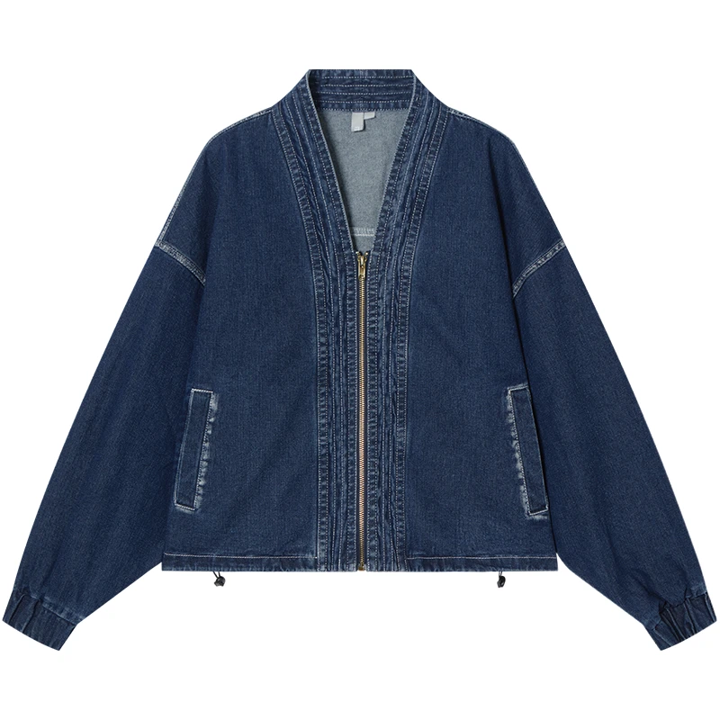 【香港Ida专属】D01对白复古撞色V领牛仔外套女休闲短款上衣EDW021