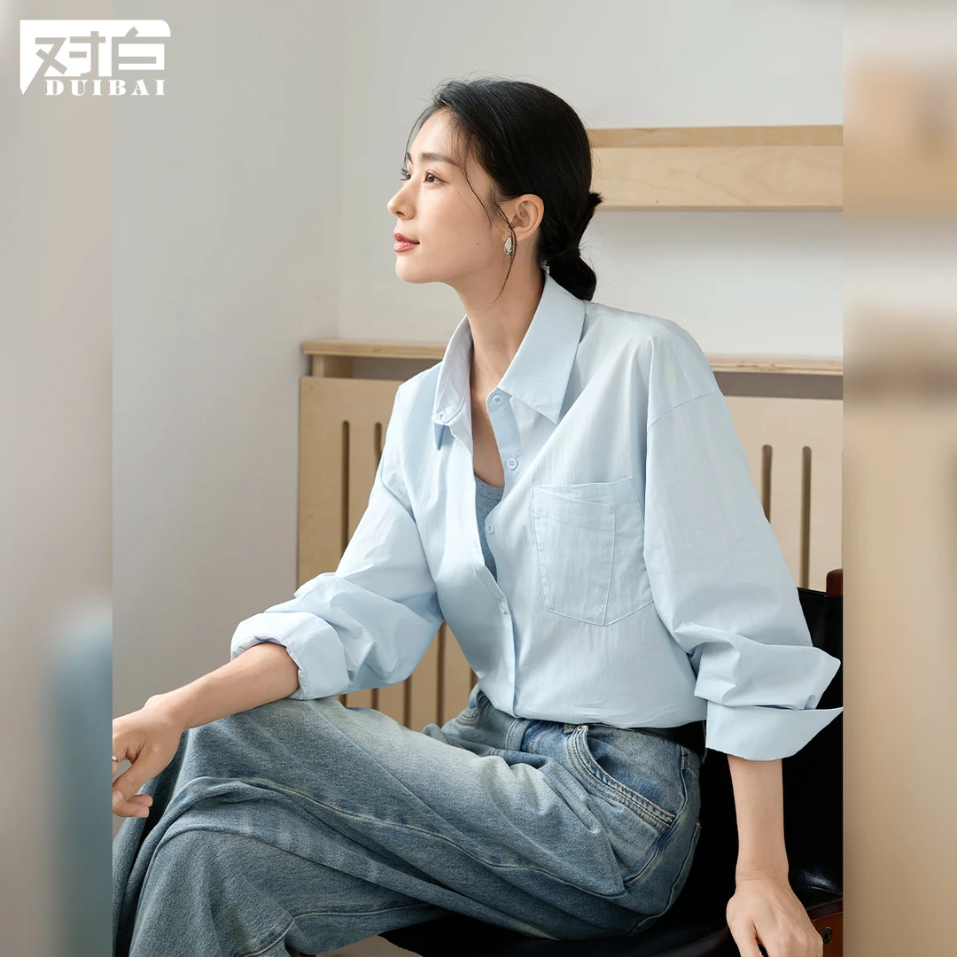 【专柜同款】D01对白海盐汽水蓝色宽松长袖衬衫通勤白衬衣EDC209