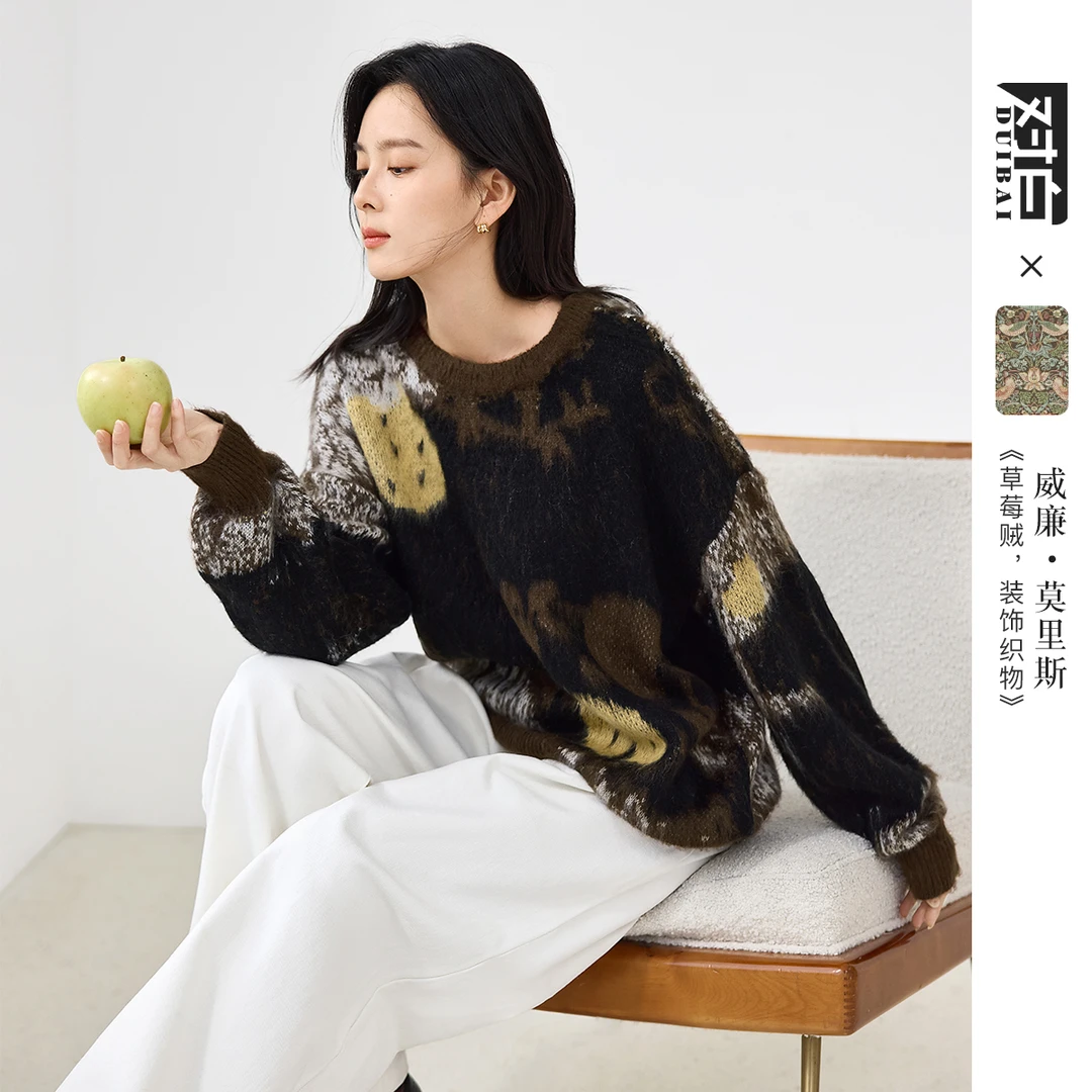 D01对白艺术画作联名拉毛圆领毛衣女针织衫EDE138