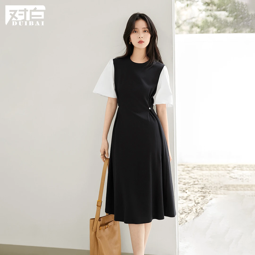 D01对白浪漫复古拼接连衣裙女新款花苞袖裙子EDQ031