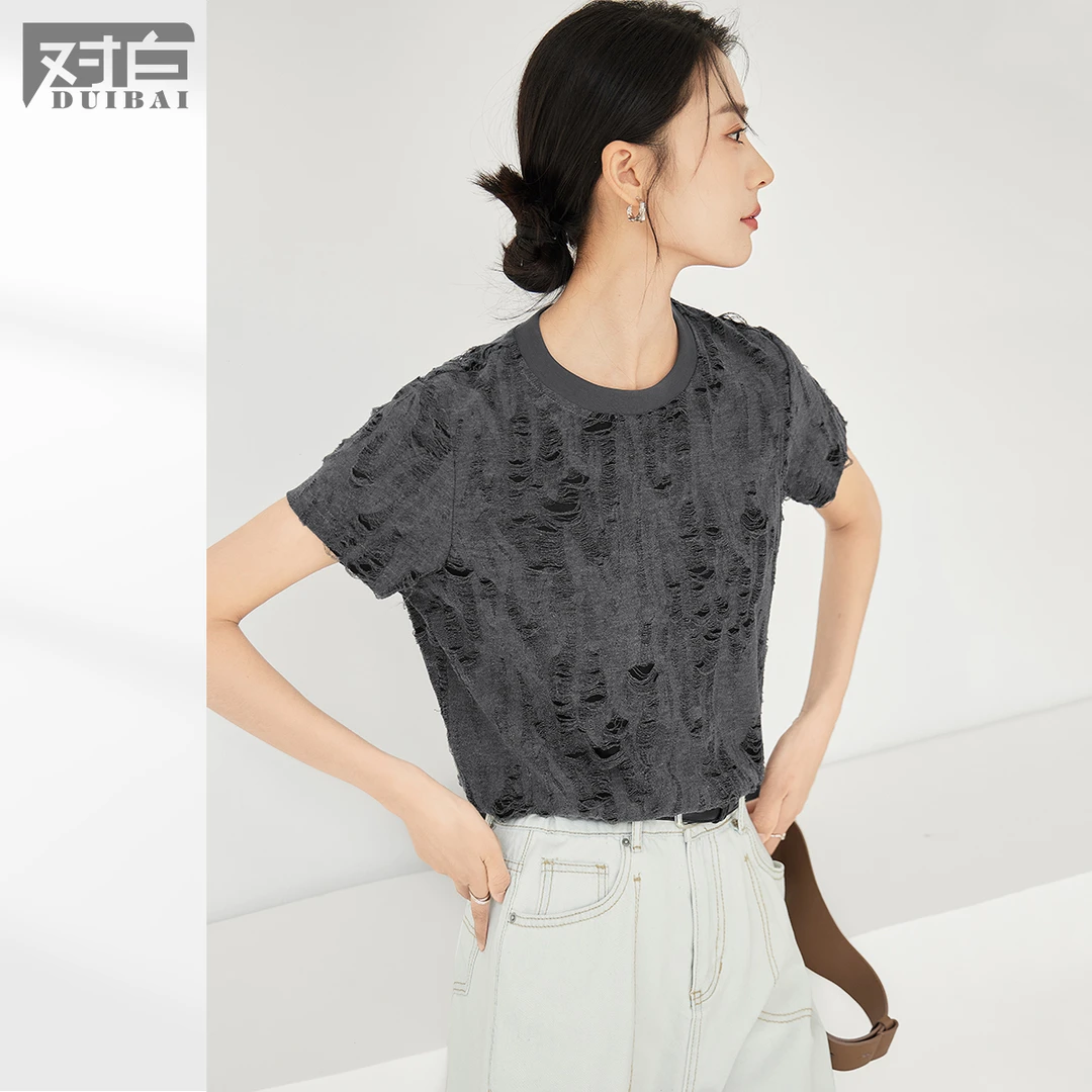 D01对白沙丘废土风肌理破洞短袖T恤女夏新款设计感小众上衣EDT122