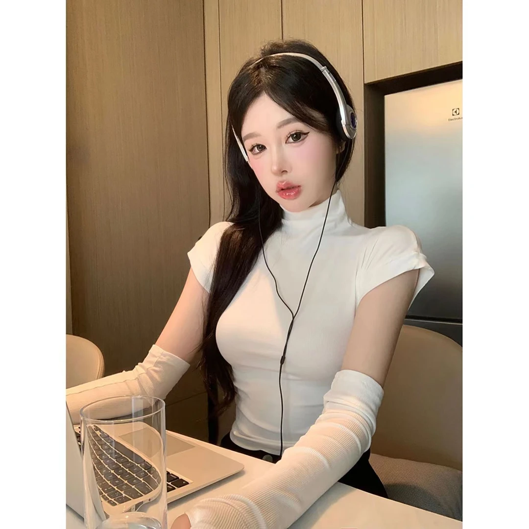 ins半高领t恤女装新款春秋季高级感玫红色性感修身内搭纯欲风上衣