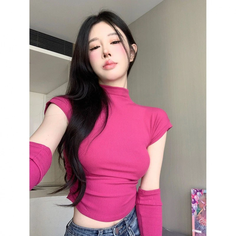 ins半高领螺纹t恤女秋季高级感玫红色性感修身内搭长袖打底衫上衣