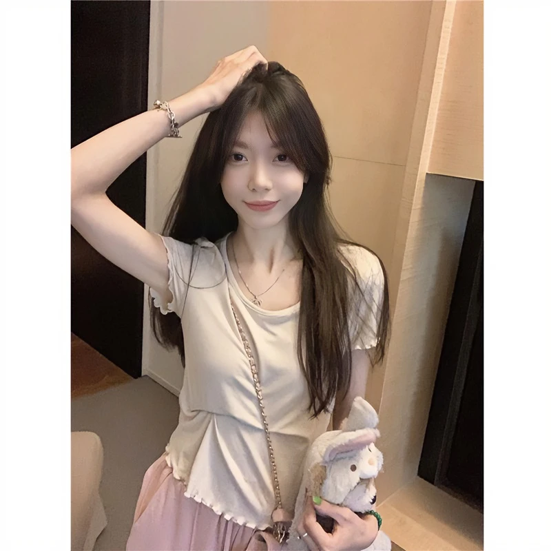 纯欲风短袖T恤女夏季2025新款修身显瘦短款木耳边内搭打底衫上衣