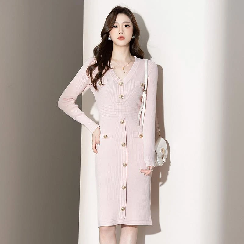 小香风法式V领高级感针织连衣裙女秋冬新款气质修身显瘦包臀裙子