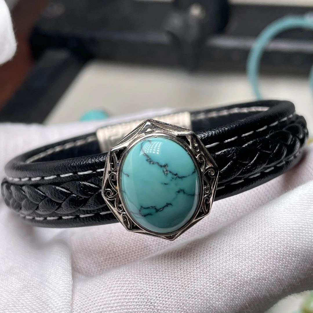 原矿高瓷绿松石镶嵌925银皮手环活口可调节