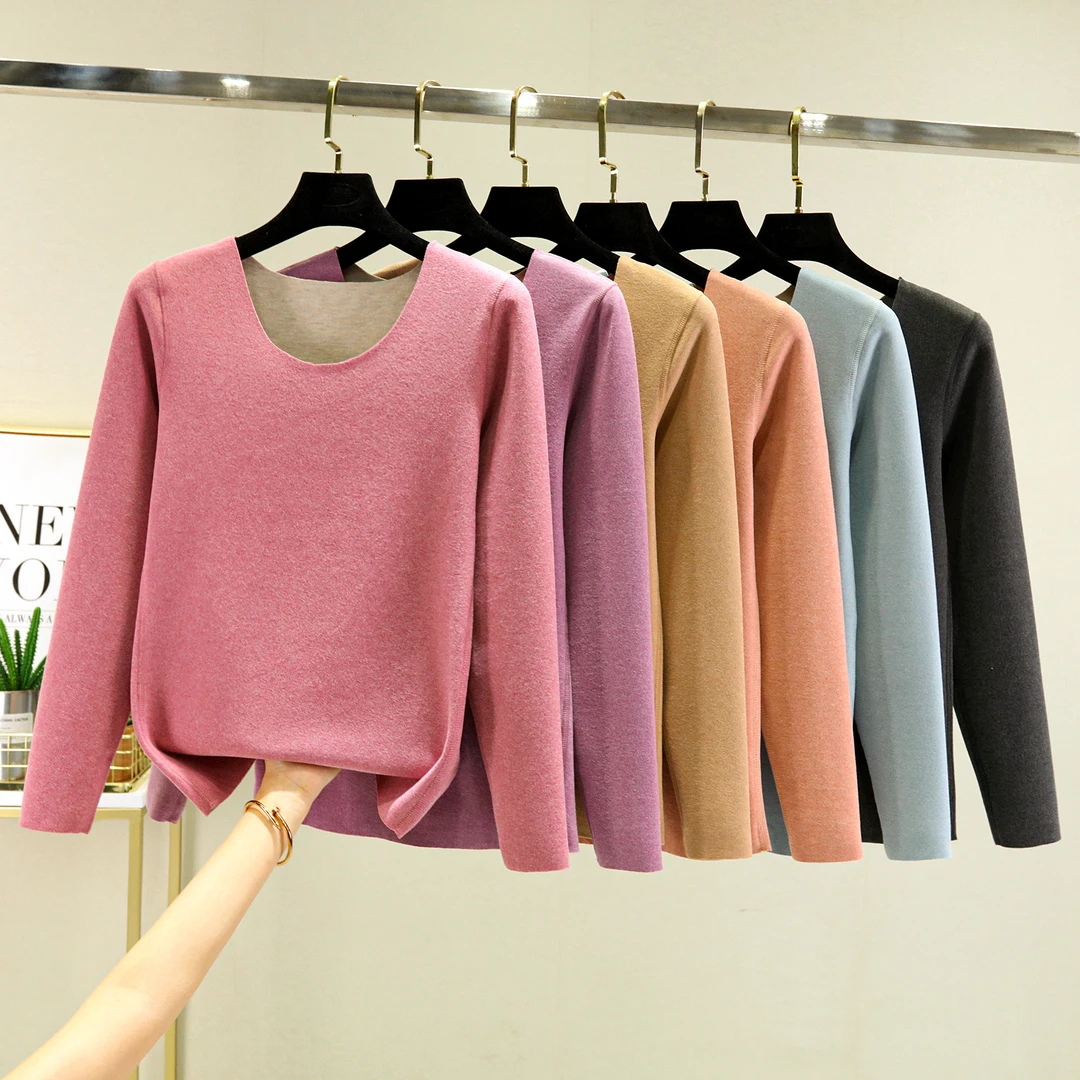 无痕发热德绒保暖长袖T恤女加厚加绒单件上衣打底衫秋衣女秋冬季