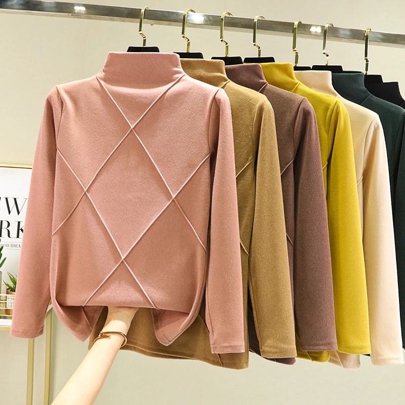 加绒半高领打底衫女秋冬长袖德绒内搭T恤磨毛发热保暖双面绒上衣