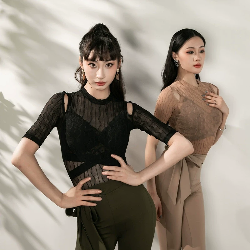 YES拉丁舞练功服新款舞蹈上衣练功服成人女圆领肩开口上衣 DA444