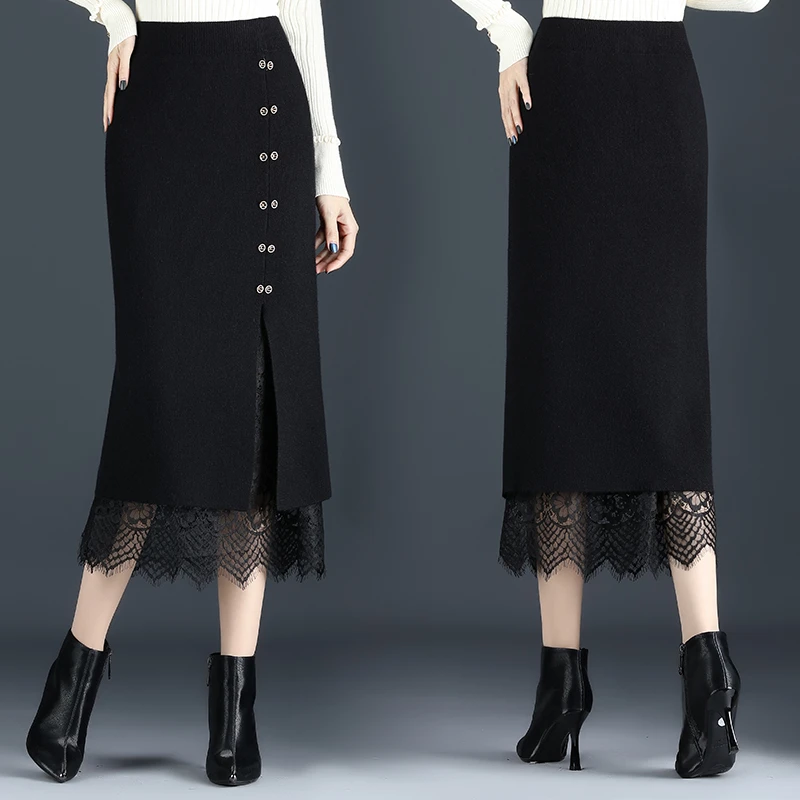 【两面穿】加厚针织蕾丝半身裙高腰显瘦包臀裙中长款开叉一步裙子