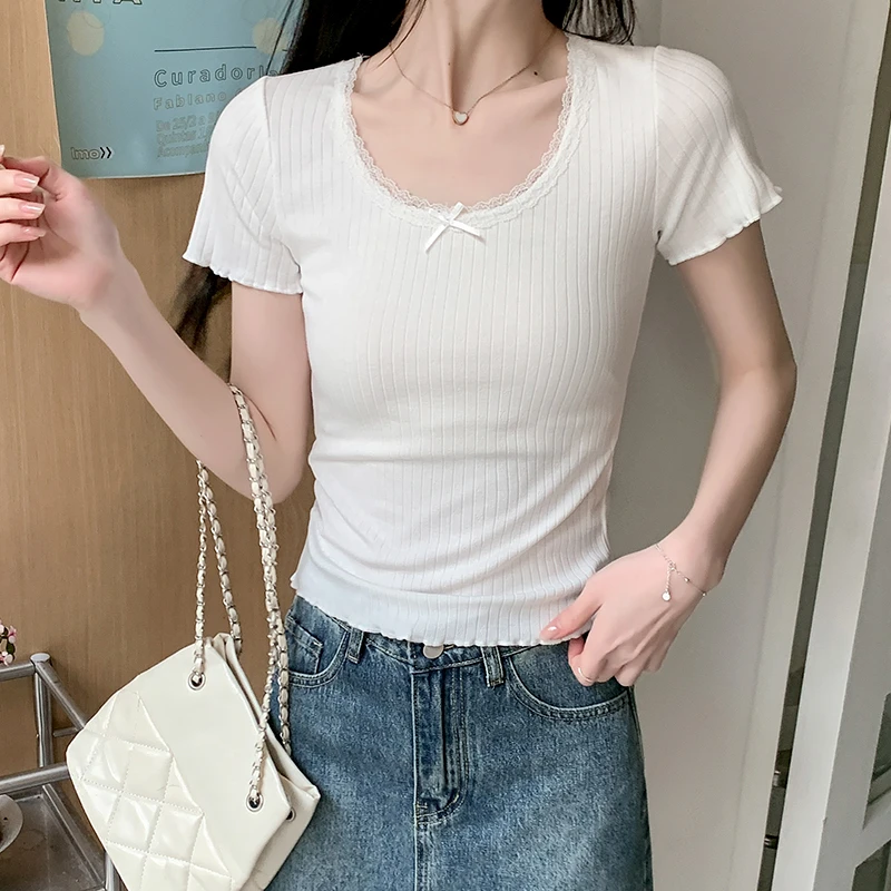 纯欲U领蕾丝花边短袖T恤女夏季打底衫甜辣妹修身短款正肩bm小上衣