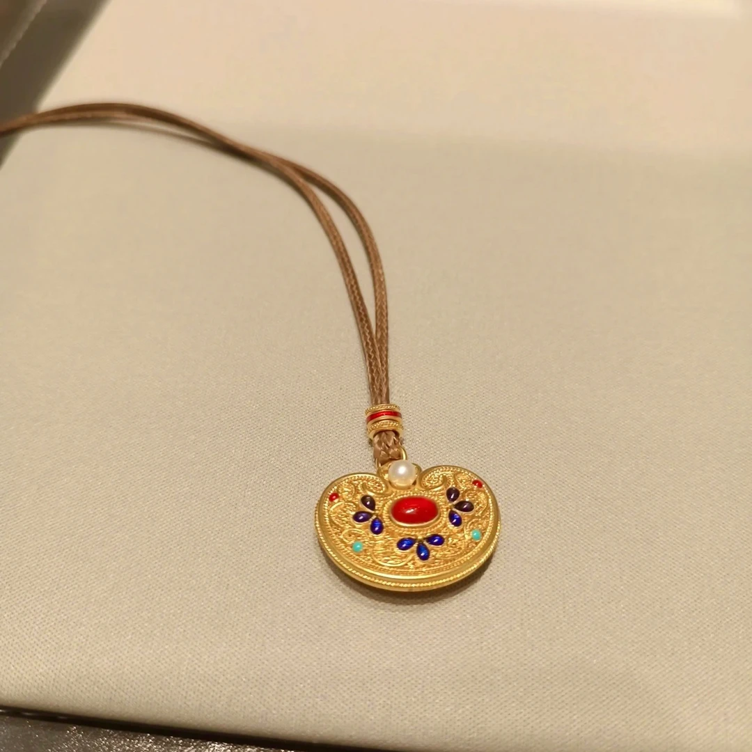 铜合金吊坠 新中式国潮风古法珐琅花丝凤华玲珑景福锁毛衣项链